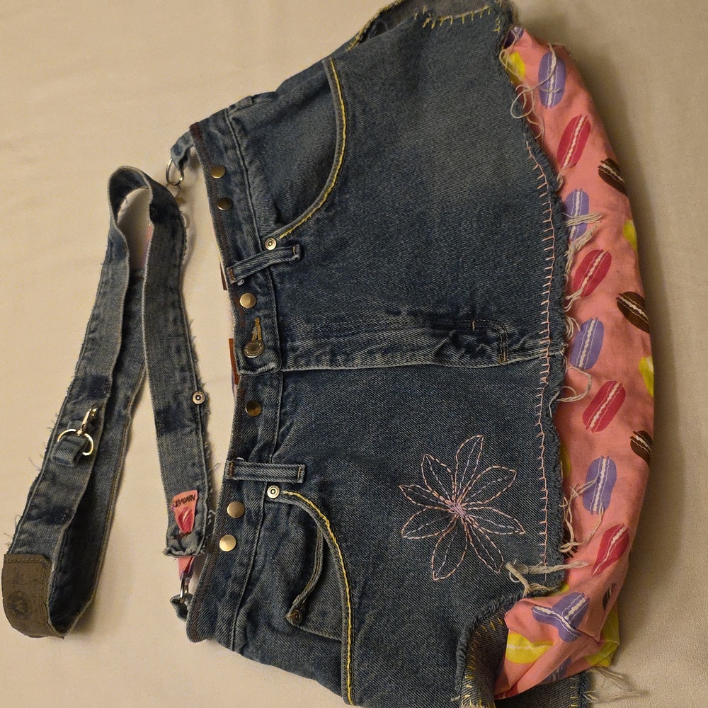 HAND CRAFTED Purse Bag UPCYCLED Blue Denim Jean Pink Brown Crossbody 17X19 Inch